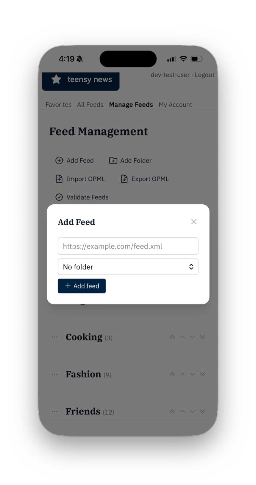 Add a feed with a web address or the feed URL