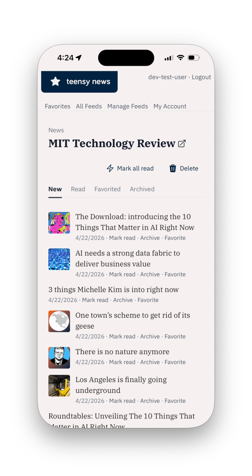 Read, favorite, or archive articles from a single feed.
